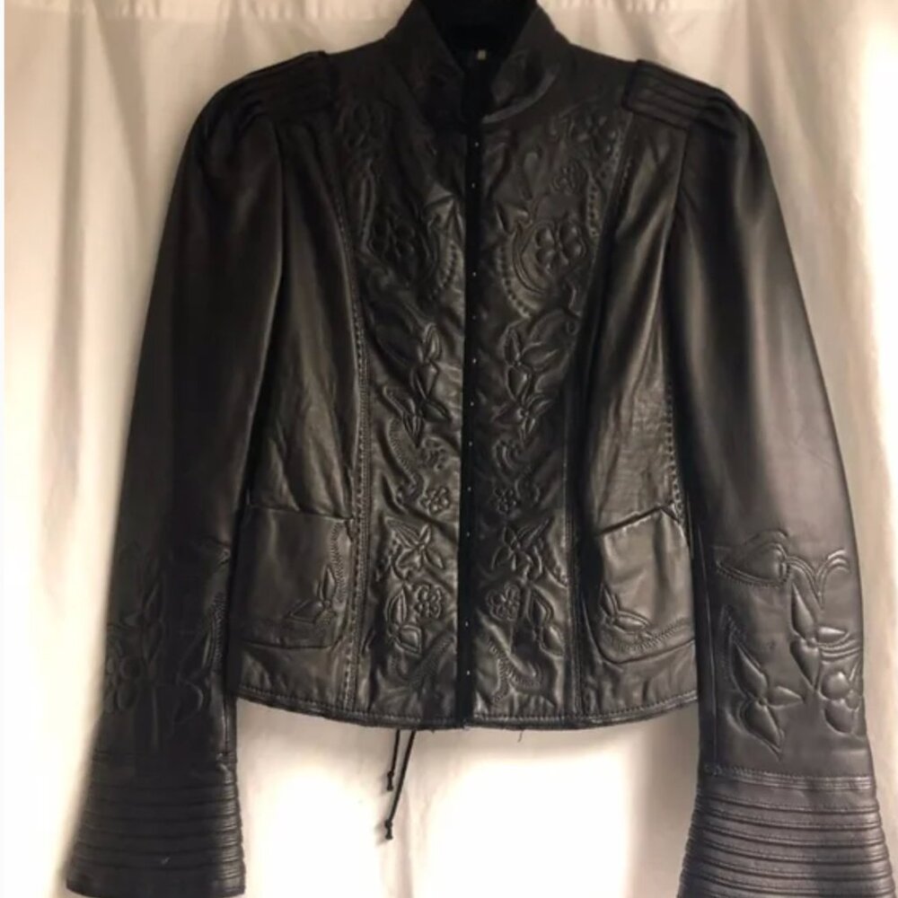 Elie Tahari | Black Embossed Leather Jacket w corset back & Bell Sleeves